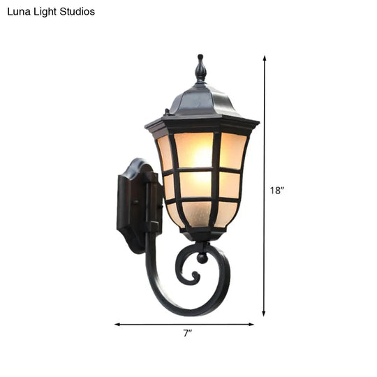 Metal Meteor Wall Sconce Outdoor Mount Lamp - 1 Light Black Finish Frosted Glass Shade