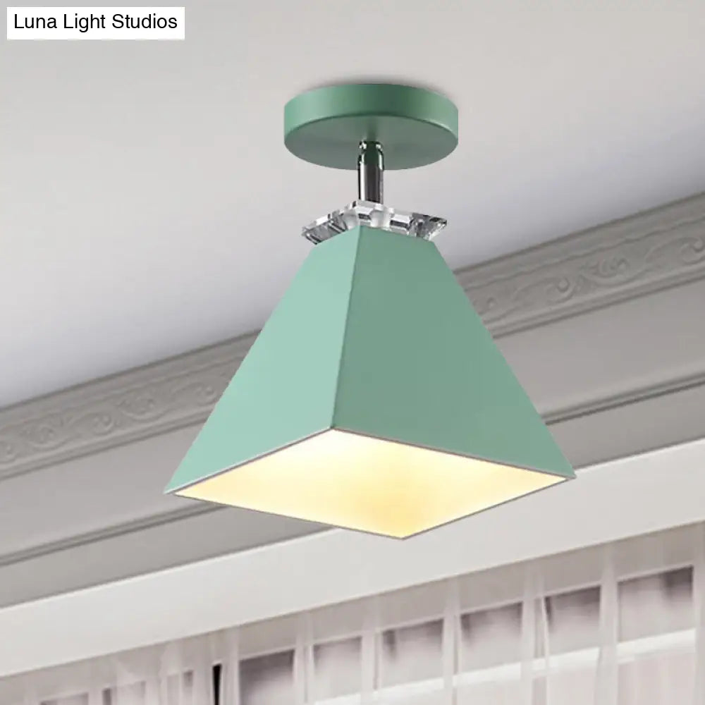 Metal Modernist Pyramid Semi-Flush Mount Fixture - 1 Light Ceiling (Gray White Green)