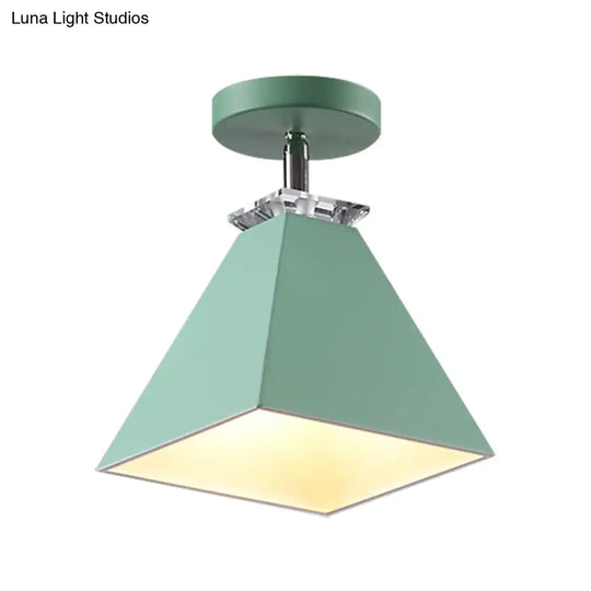 Metal Modernist Pyramid Semi-Flush Mount Fixture - 1 Light Ceiling (Gray White Green)