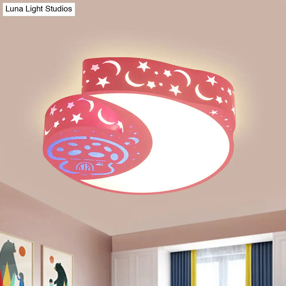 Metal Moon And Mushroom Led Flush Light Fixture - Kids Pink Mount Lamp