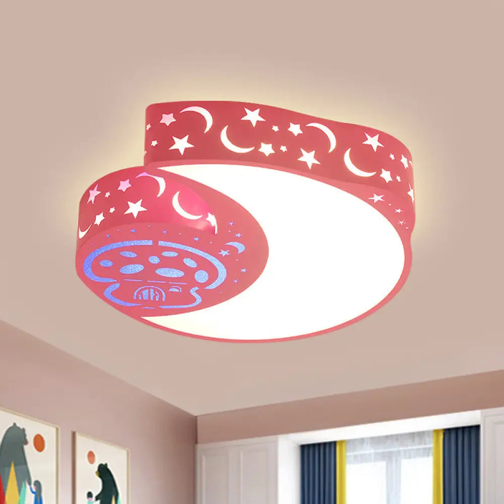 Metal Moon And Mushroom Led Flush Light Fixture - Kids’ Pink Mount Lamp