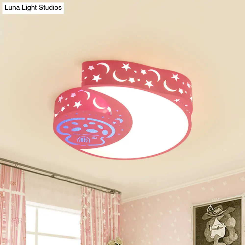 Metal Moon And Mushroom Led Flush Light Fixture - Kids’ Pink Mount Lamp