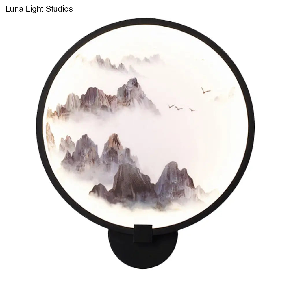 Metal Mural Led Hoop Wall Mount Lamp - Misty Mountain/Lake Design For Bedroom Decor Asia Black