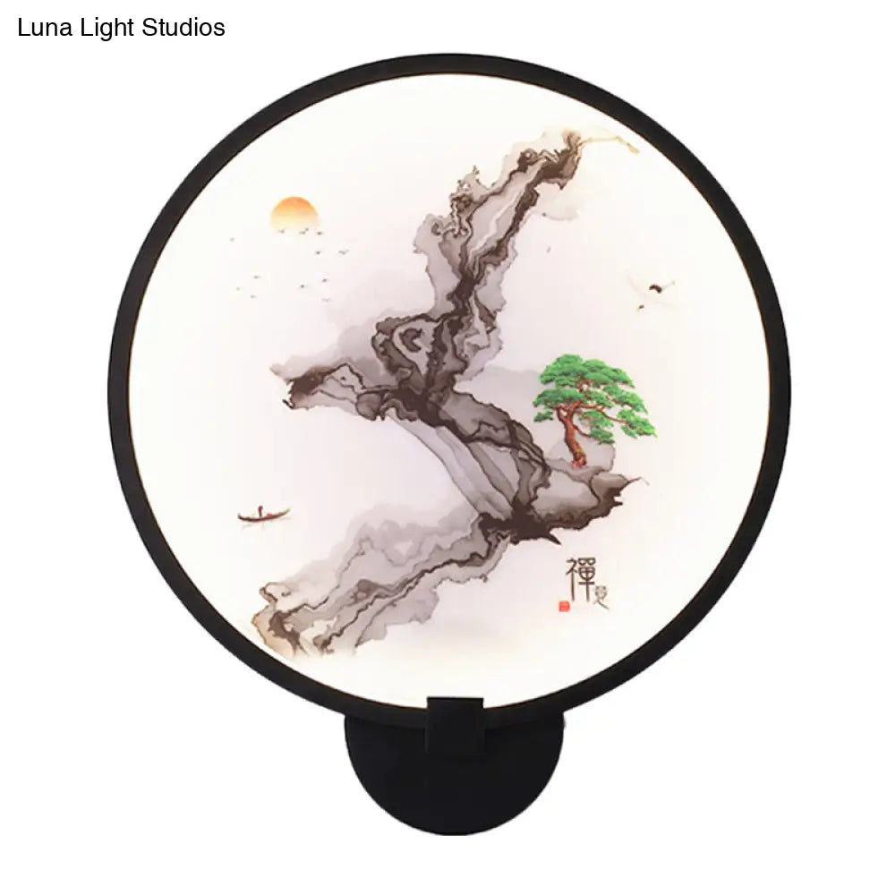 Metal Mural Led Hoop Wall Mount Lamp - Misty Mountain/Lake Design For Bedroom Decor Asia Black