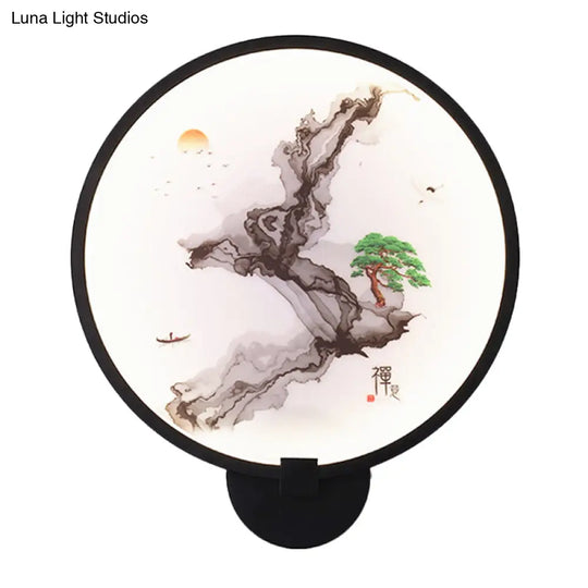 Metal Mural Led Hoop Wall Mount Lamp - Misty Mountain/Lake Design For Bedroom Decor Asia Black