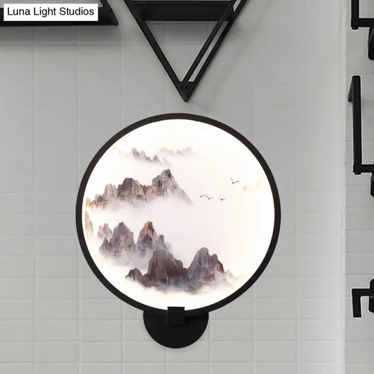 Metal Mural Led Hoop Wall Mount Lamp - Misty Mountain/Lake Design For Bedroom Decor Asia Black