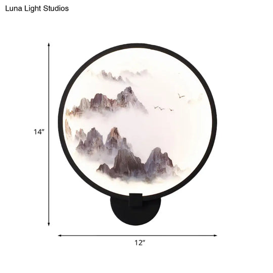 Metal Mural Led Hoop Wall Mount Lamp - Misty Mountain/Lake Design For Bedroom Decor Asia Black