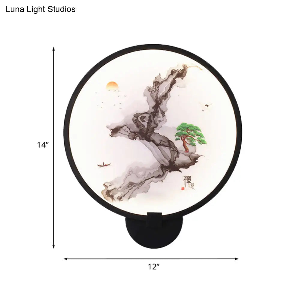 Metal Mural Led Hoop Wall Mount Lamp - Misty Mountain/Lake Design For Bedroom Decor Asia Black