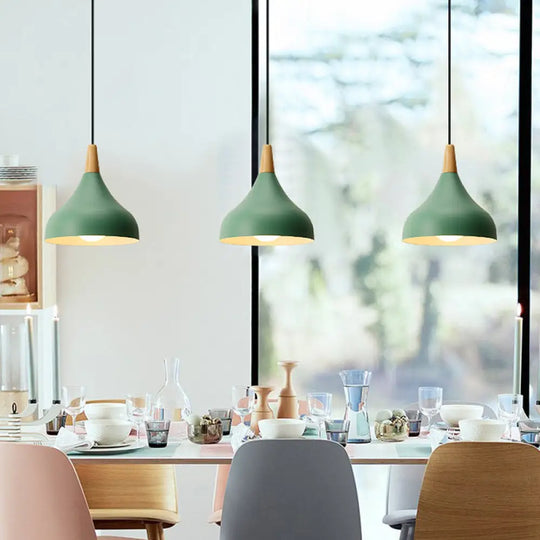 Metal Onion Pendant Light With Wood Accents In White/Pink/Green Green