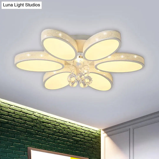 Metal Oval Led White Flush Mount Ceiling Lamp With Crystal Droplet