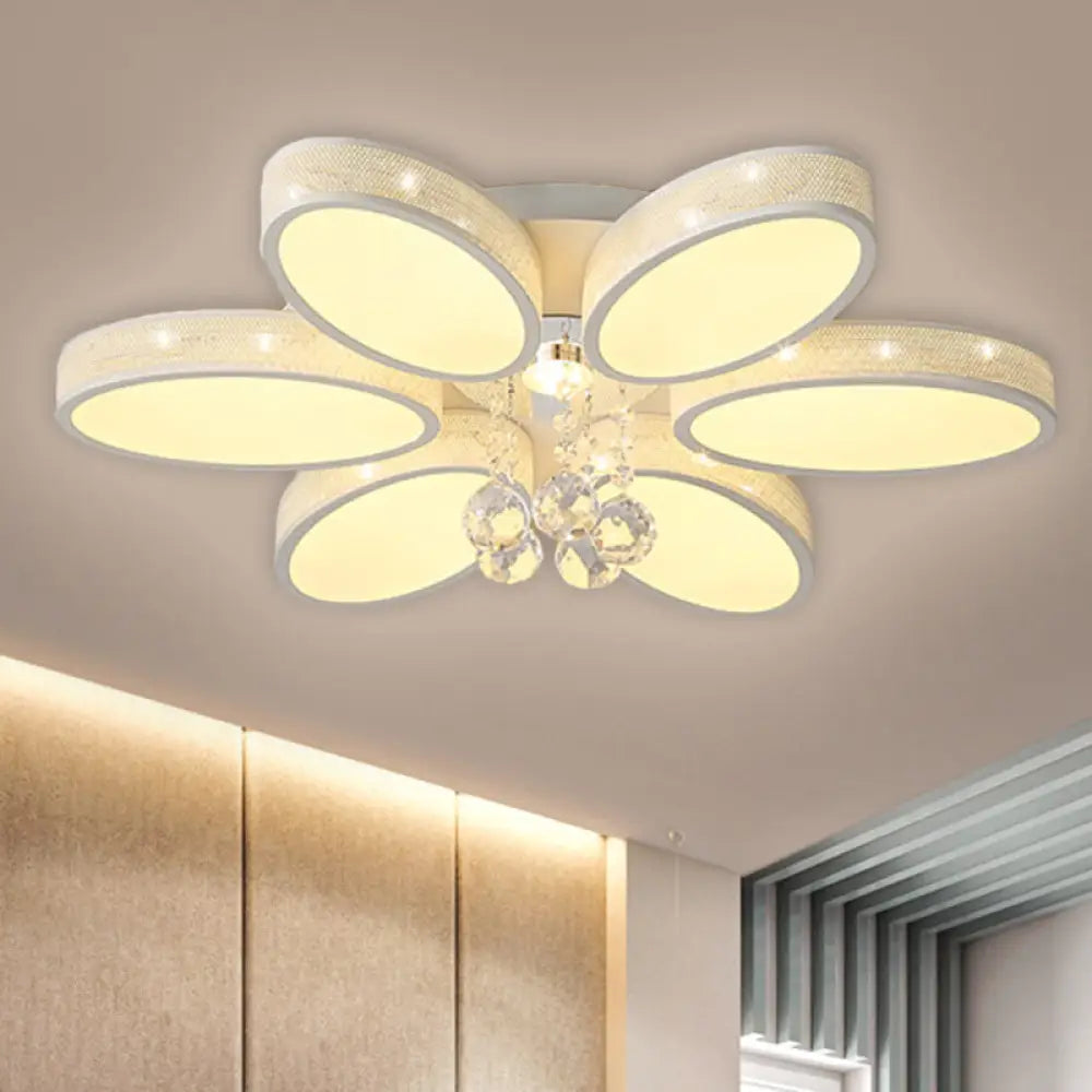 Metal Oval Led White Flush Mount Ceiling Lamp With Crystal Droplet
