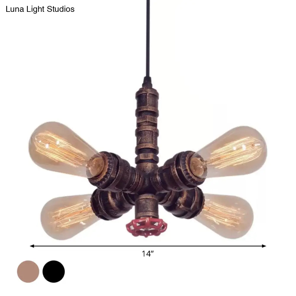 Metal Pendant Chandelier - 4-Light Radial Design In Bronze/Black Perfect For Living Room