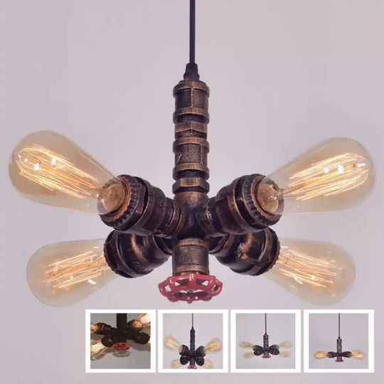 Metal Pendant Chandelier - 4-Light Radial Design In Bronze/Black Perfect For Living Room Bronze