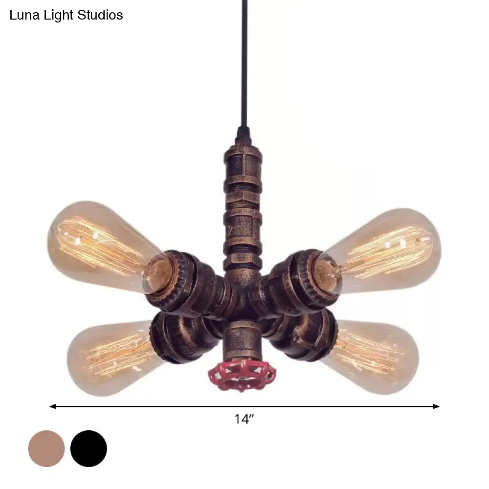 Radial Design Metal Pendant Chandelier: 4-Light Drop Lamp In Bronze/Black