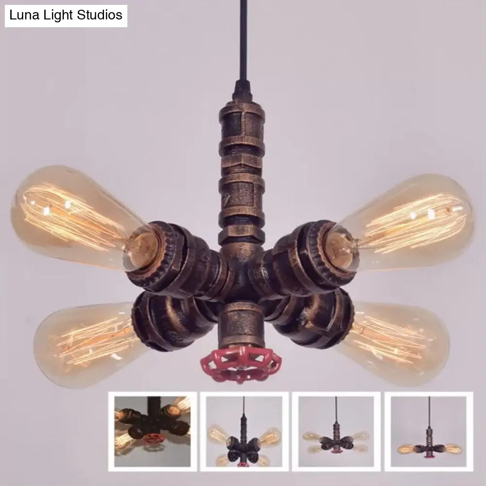 Radial Design Metal Pendant Chandelier: 4-Light Drop Lamp In Bronze/Black Bronze