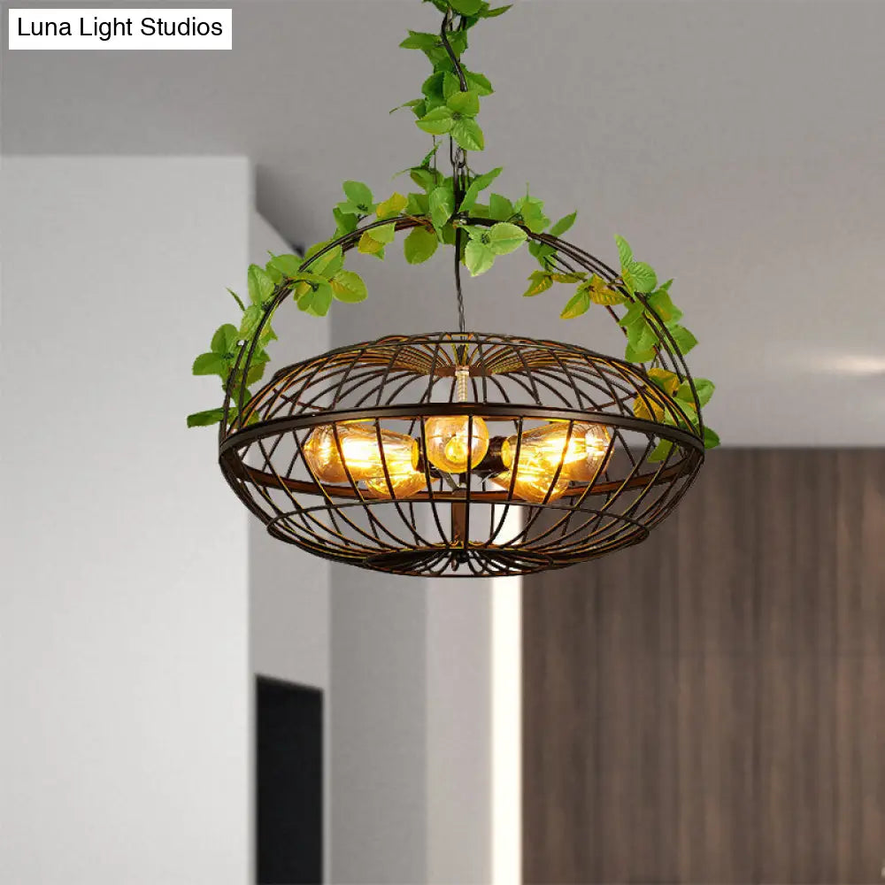 Industrial Black Metal Pendant Chandelier With Basket Cage Shade Set Of 5 Bulbs For Restaurant Or