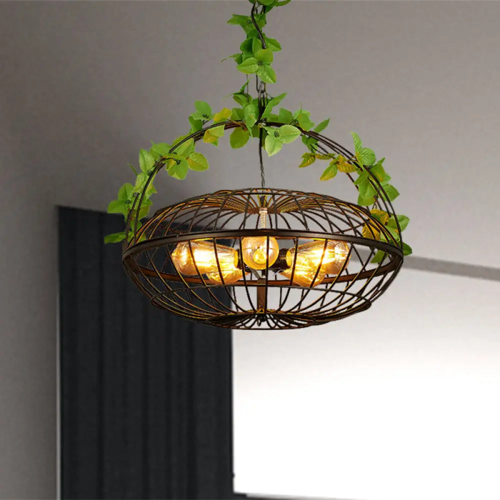 Metal Pendant Chandelier: 5-Bulb Industrial Black Basket-Cage Shade With Hanging Lamp And Plant –