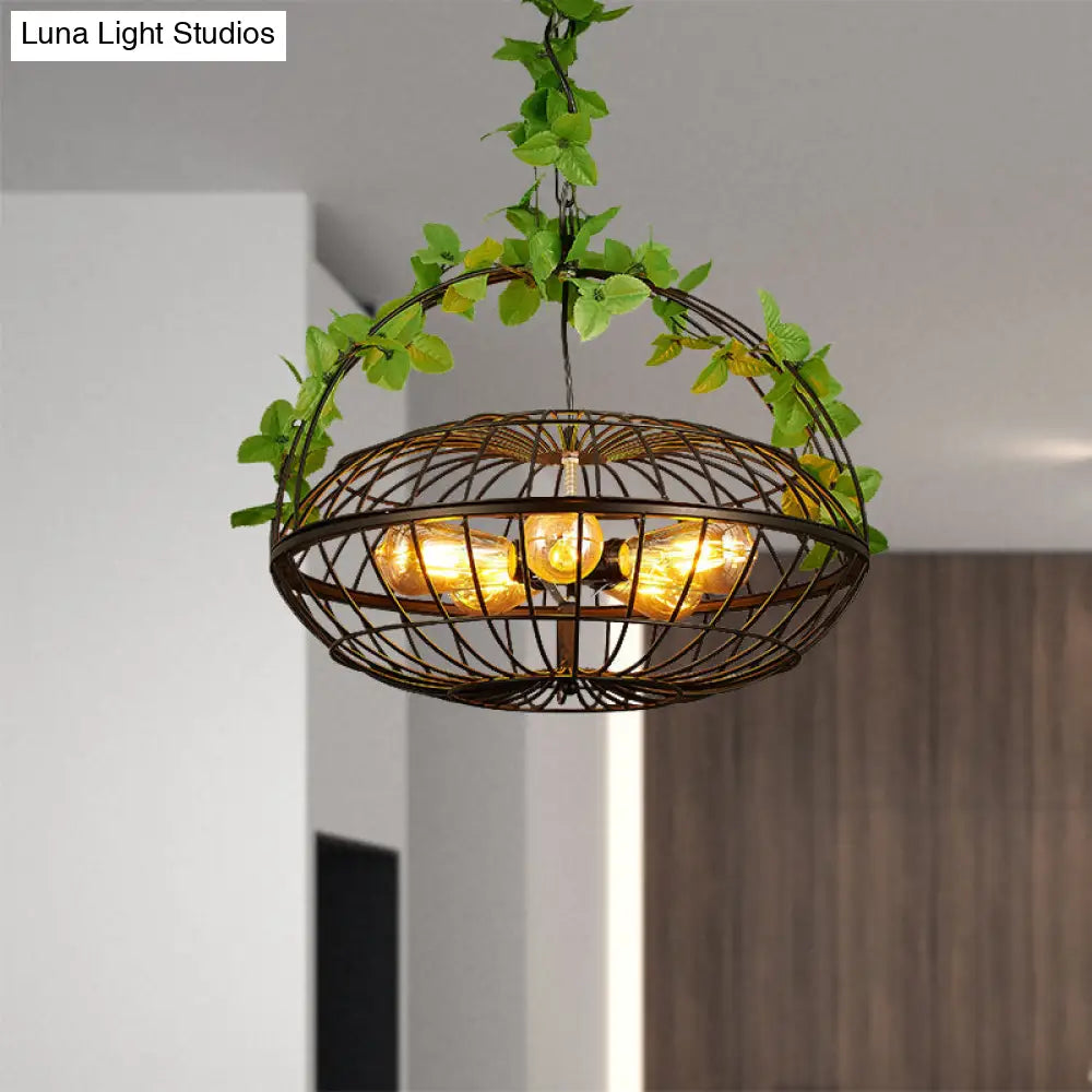 Metal Pendant Chandelier: 5-Bulb Industrial Black Basket-Cage Shade With Hanging Lamp And Plant –