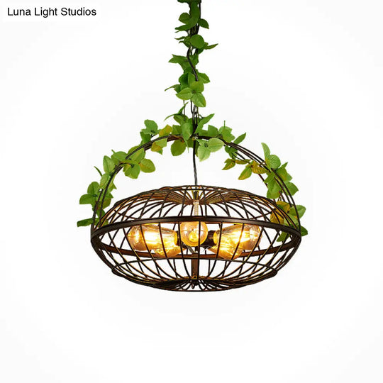 Metal Pendant Chandelier: 5-Bulb Industrial Black Basket-Cage Shade With Hanging Lamp And Plant –