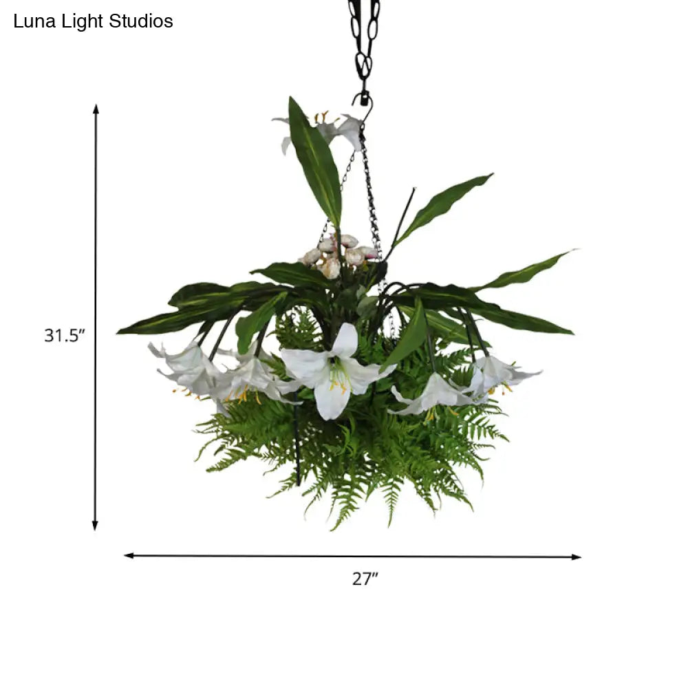 Metal Pendant Chandelier With 12 Green Lily Heads - Industrial Style Led Down Lighting For