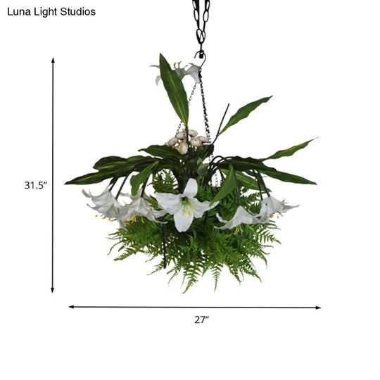 Metal Pendant Chandelier With 12 Green Lily Heads - Industrial Style Led Down Lighting For