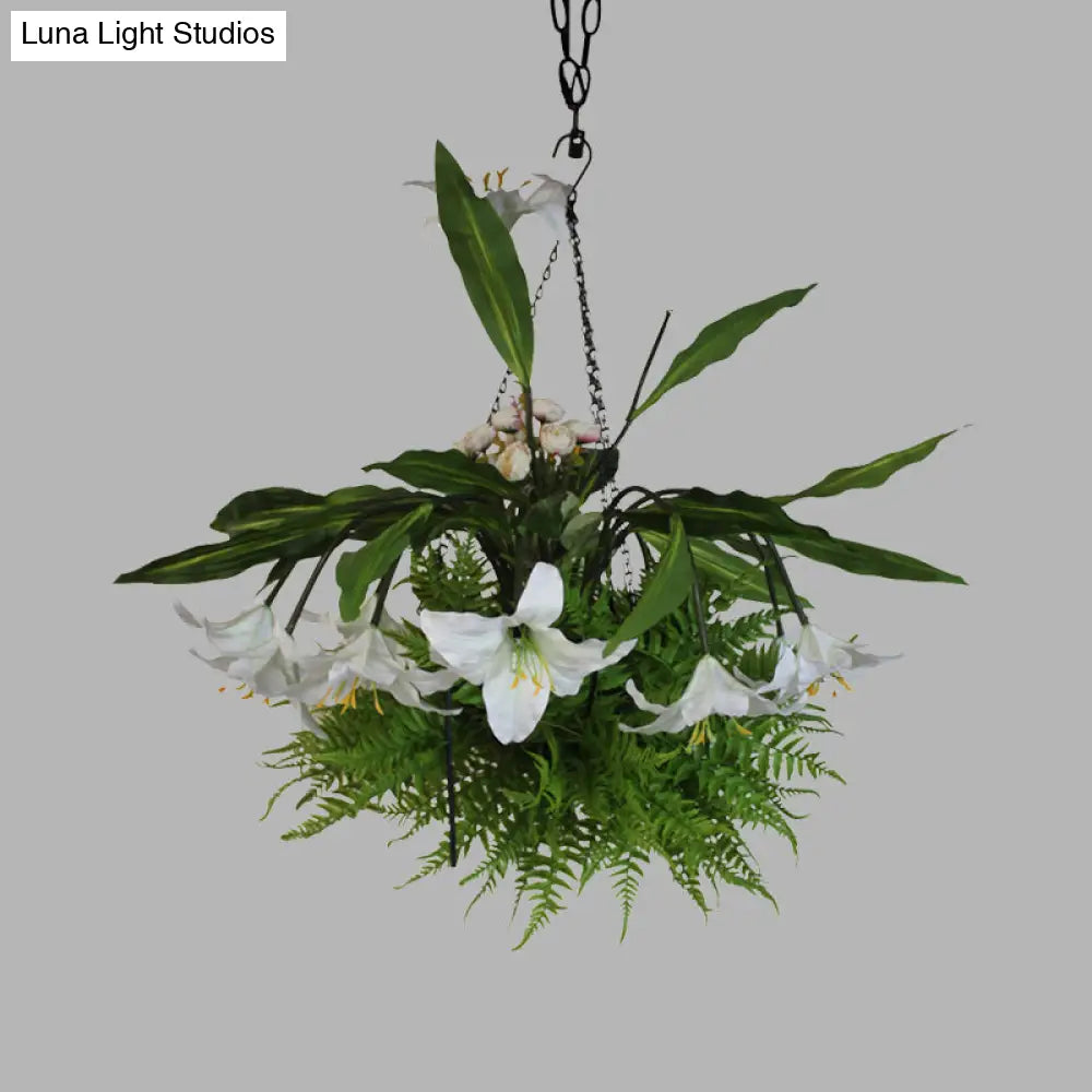 Metal Pendant Chandelier With 12 Green Lily Heads - Industrial Style Led Down Lighting For