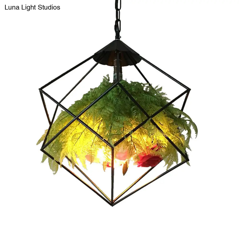 Metal Pendant Lamp Antique Black Geometric Design With Plant Decoration - 18’/21.5’ Wide Led