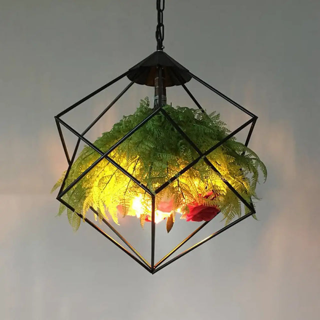 Geometric Metal Pendant: 1-Head Led Down Light W/ Plant Accent - Antique Black 18/21.5 Wide