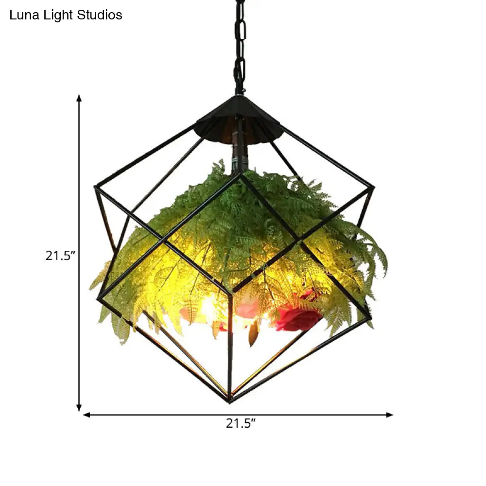 Geometric Metal Pendant: 1-Head Led Down Light W/ Plant Accent - Antique Black 18/21.5 Wide