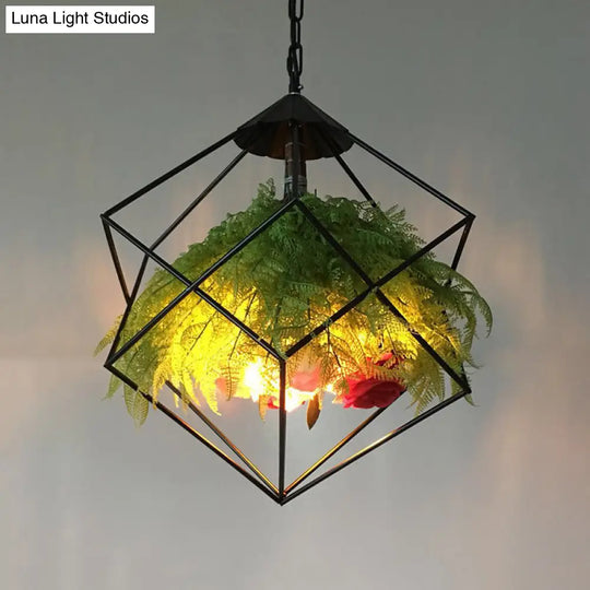 Geometric Metal Pendant: 1-Head Led Down Light W/ Plant Accent - Antique Black 18/21.5 Wide