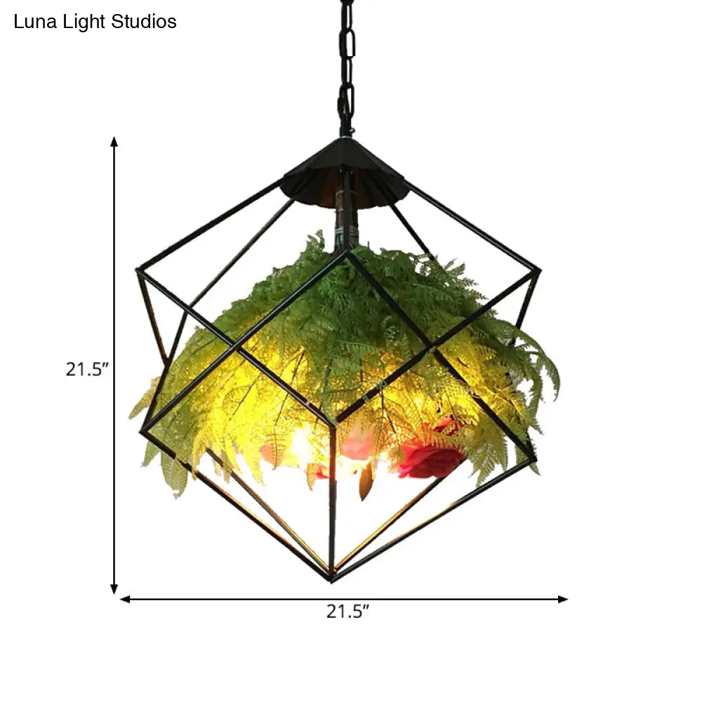 Metal Pendant Lamp Antique Black Geometric Design With Plant Decoration - 18’/21.5’ Wide Led