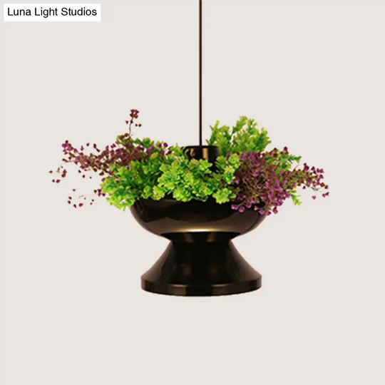Antique Black Metal Pendant Lamp With Led Down Lighting - Restaurant Décor And Plant Accent