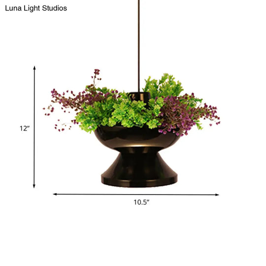 Antique Black Metal Pendant Lamp With Led Down Lighting - Restaurant Décor And Plant Accent