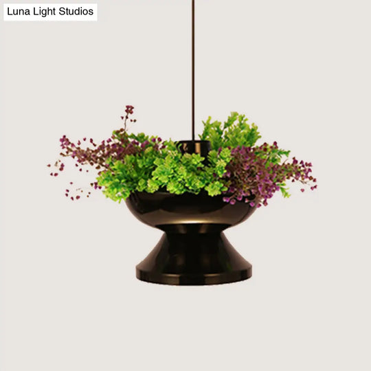 Metal Pendant Lamp: Antique Black Hot Pot Shape With Led Down Lighting & Plant Decoration