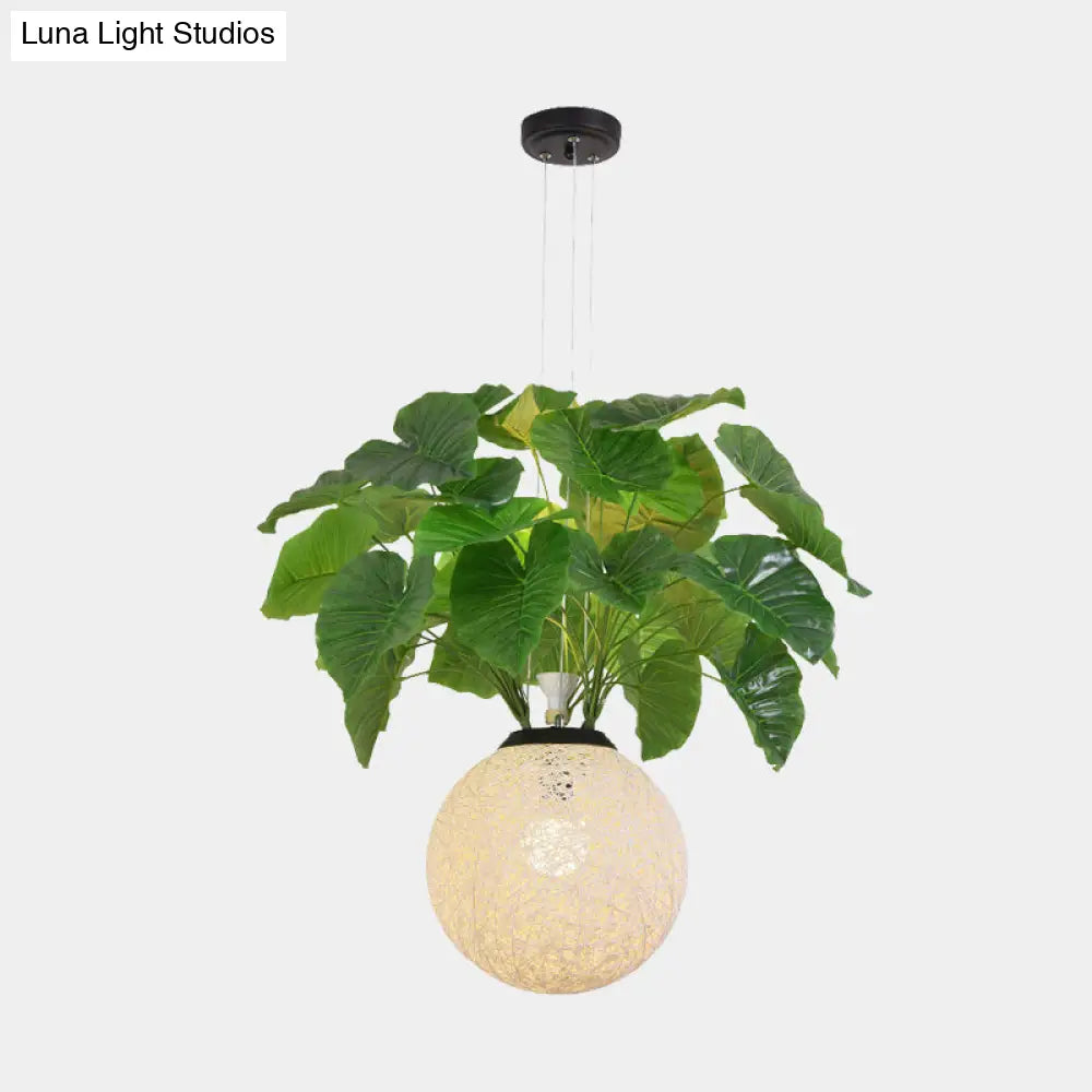 Metal Pendant Lamp With Antique White Ball Design And Plant Decoration For Restaurant Down Lighting