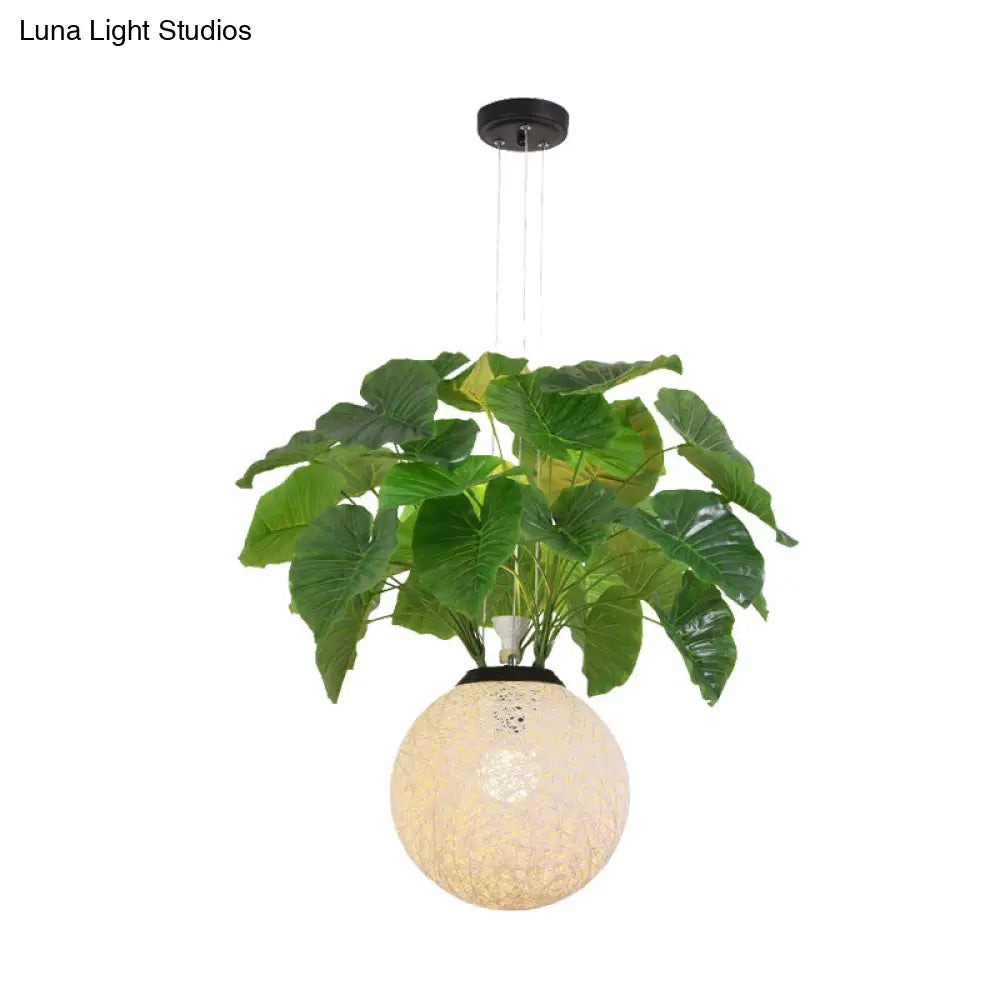 Metal Pendant Lamp With Antique White Ball Design And Plant Decoration For Restaurant Down Lighting