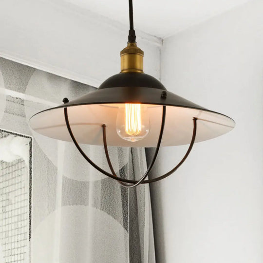 Metal Pendant Light Fixture: Saucer Shade 1 Black Finish