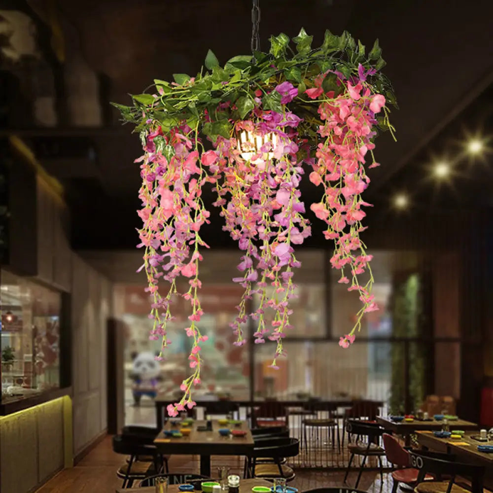 Metal Pink Pendant Flower Hanging Lamp - 1 Head Industrial Led Downlight For Restaurants