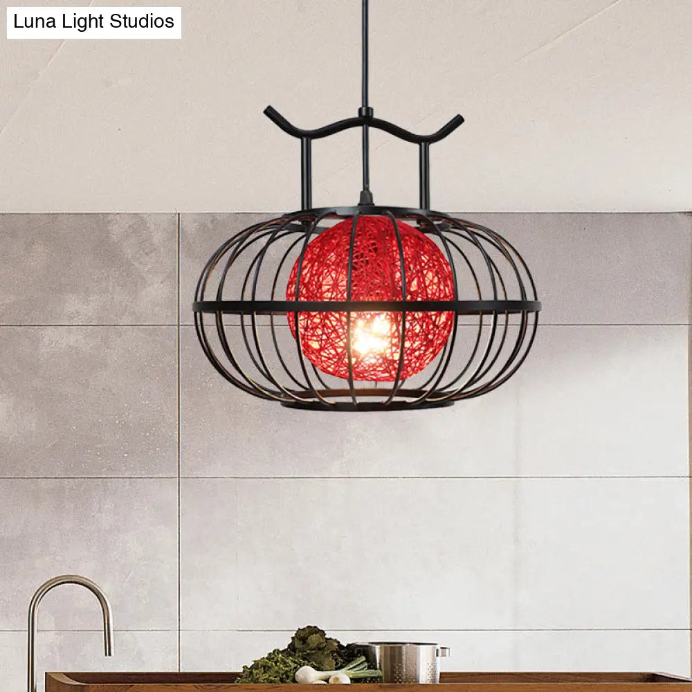 Metal Pumpkin Cage Hanging Pendant Light With Inner Rattan Ball Shade - Asian Style Suspension Lamp