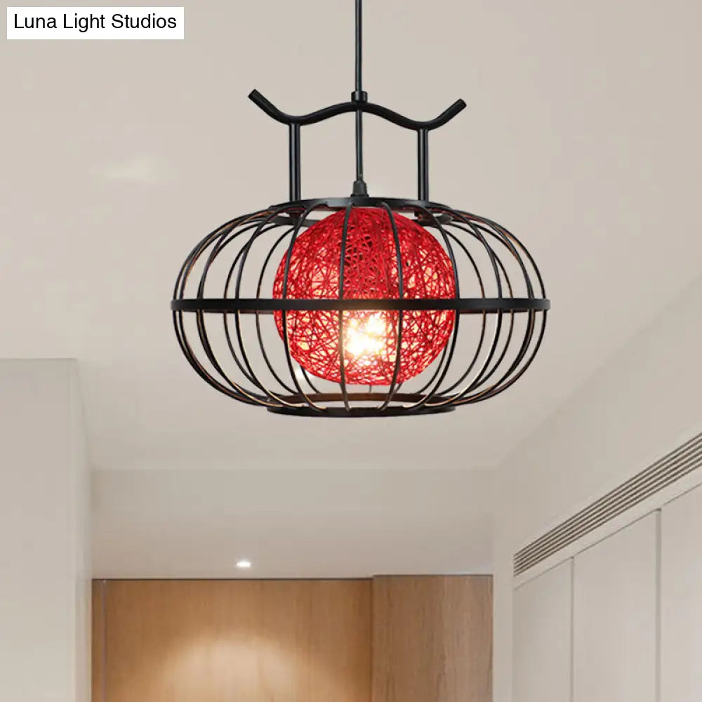 Metal Pumpkin Cage Hanging Pendant Light With Rattan Ball Shade - Asian Style Suspension Lamp