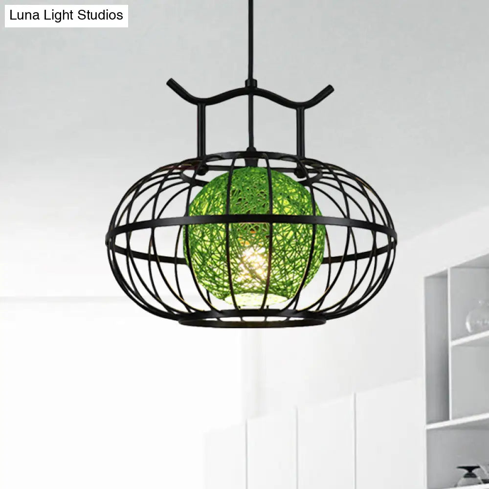 Metal Pumpkin Cage Hanging Pendant Light With Rattan Ball Shade - Asian Style Suspension Lamp