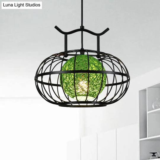 Metal Pumpkin Cage Hanging Pendant Light With Rattan Ball Shade - Asian Style Suspension Lamp