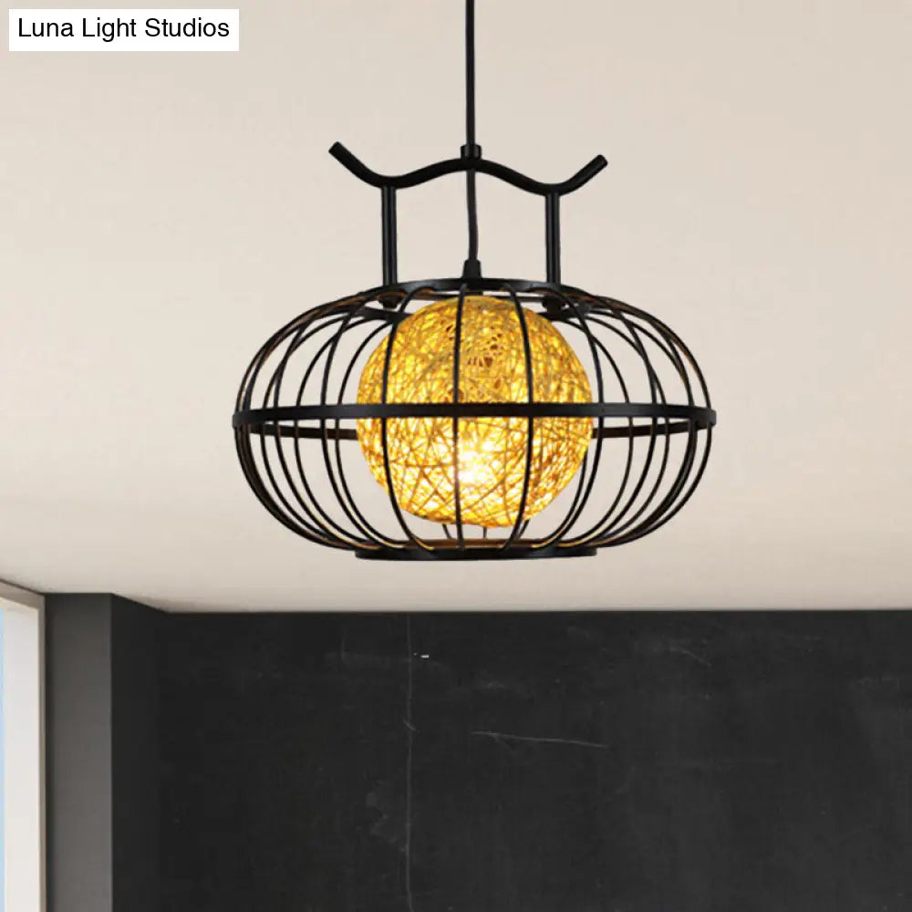 Metal Pumpkin Cage Hanging Pendant Light With Rattan Ball Shade - Asian Style Suspension Lamp