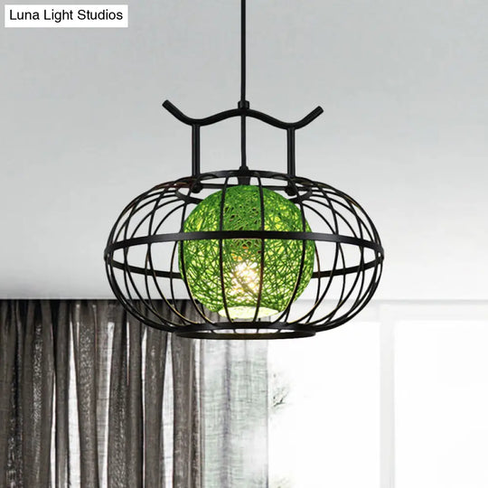 Metal Pumpkin Cage Hanging Pendant Light With Rattan Ball Shade - Asian Style Suspension Lamp