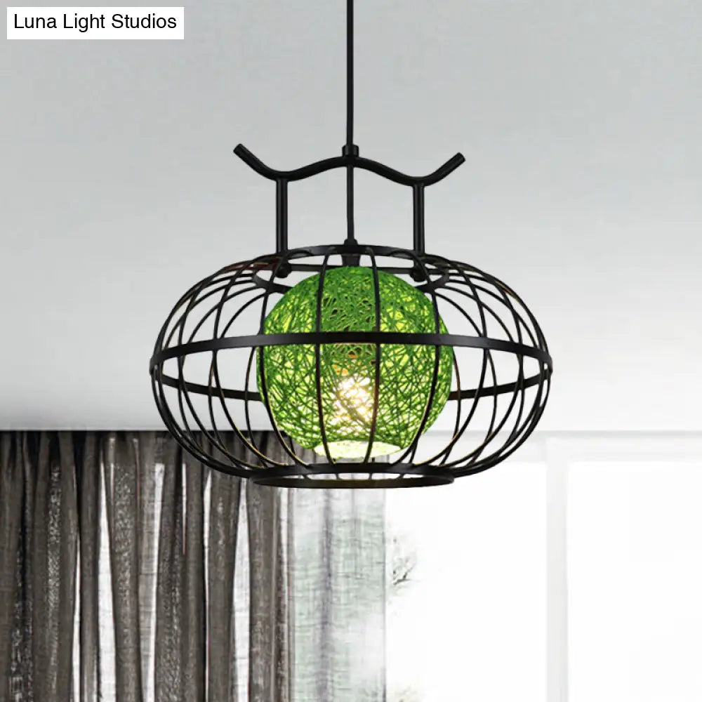Metal Pumpkin Cage Hanging Pendant Light With Inner Rattan Ball Shade - Asian Style Suspension Lamp