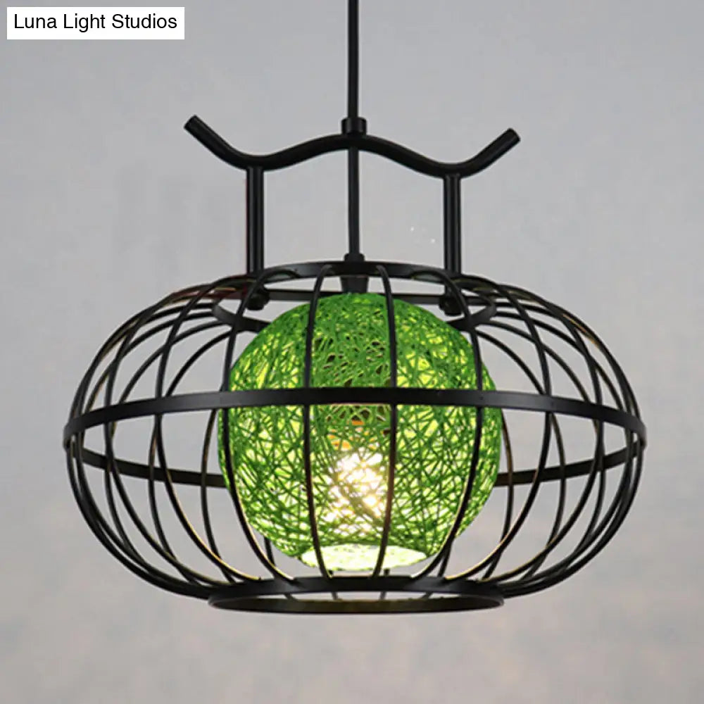 Metal Pumpkin Cage Hanging Pendant Light With Rattan Ball Shade - Asian Style Suspension Lamp