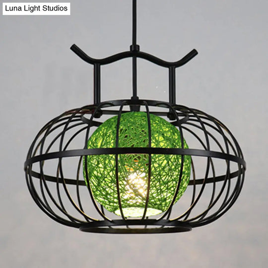 Metal Pumpkin Cage Hanging Pendant Light With Rattan Ball Shade - Asian Style Suspension Lamp