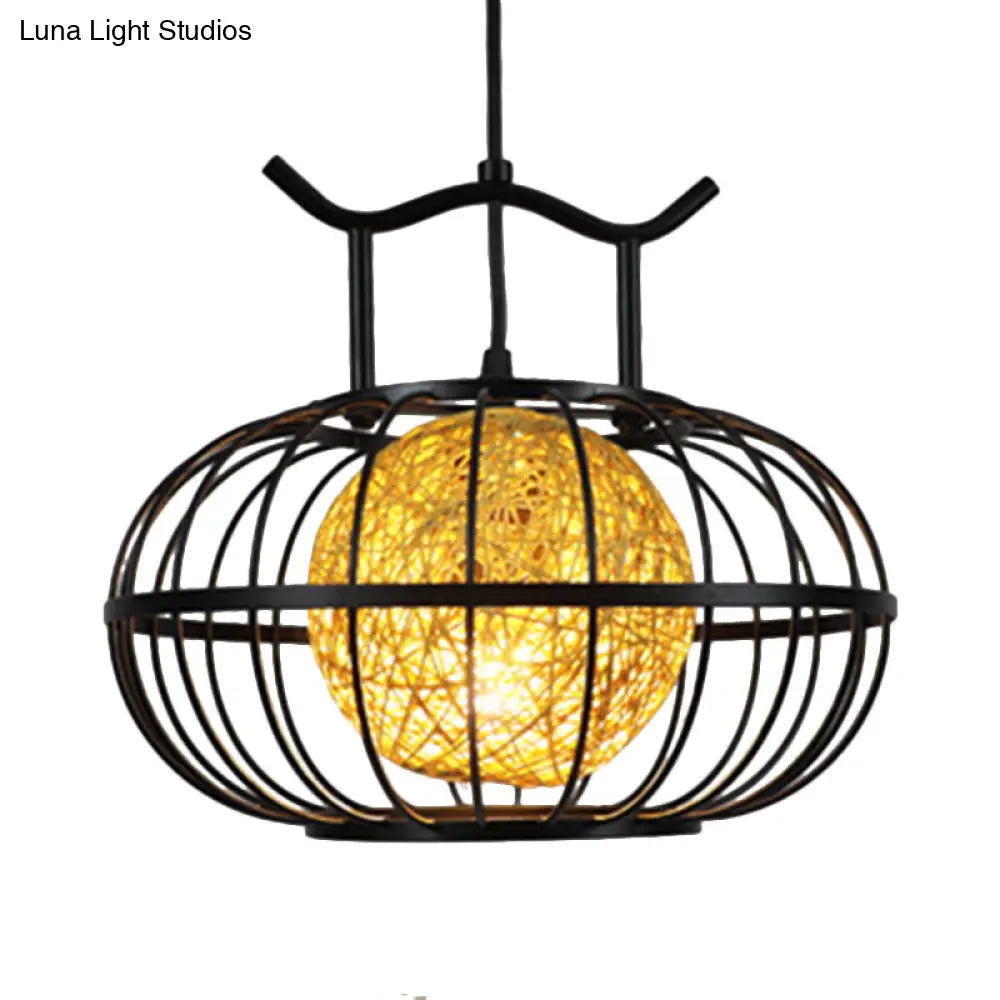 Metal Pumpkin Cage Hanging Pendant Light With Inner Rattan Ball Shade - Asian Style Suspension Lamp