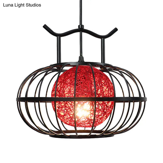 Metal Pumpkin Cage Hanging Pendant Light With Rattan Ball Shade - Asian Style Suspension Lamp