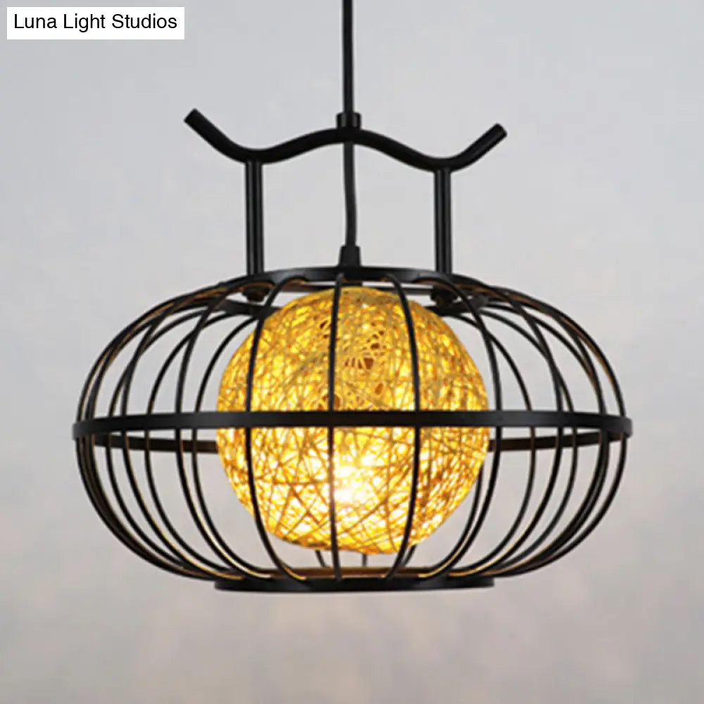 Metal Pumpkin Cage Hanging Pendant Light With Inner Rattan Ball Shade - Asian Style Suspension Lamp